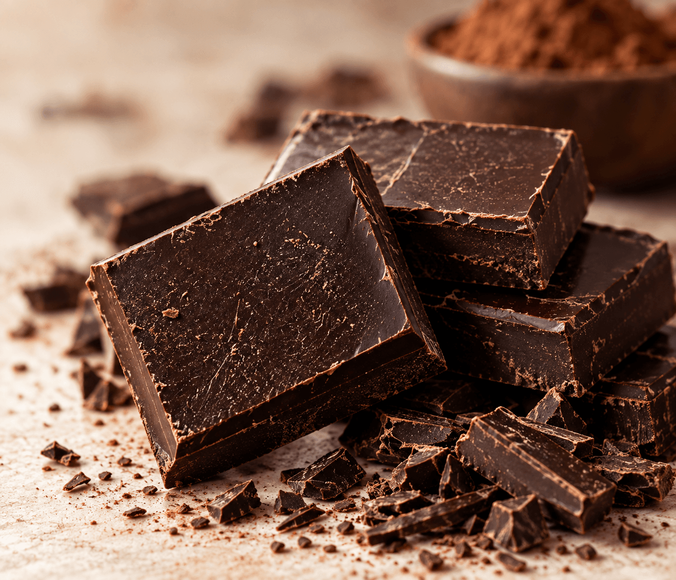 Chunks of dark chocolate with cocoa powder