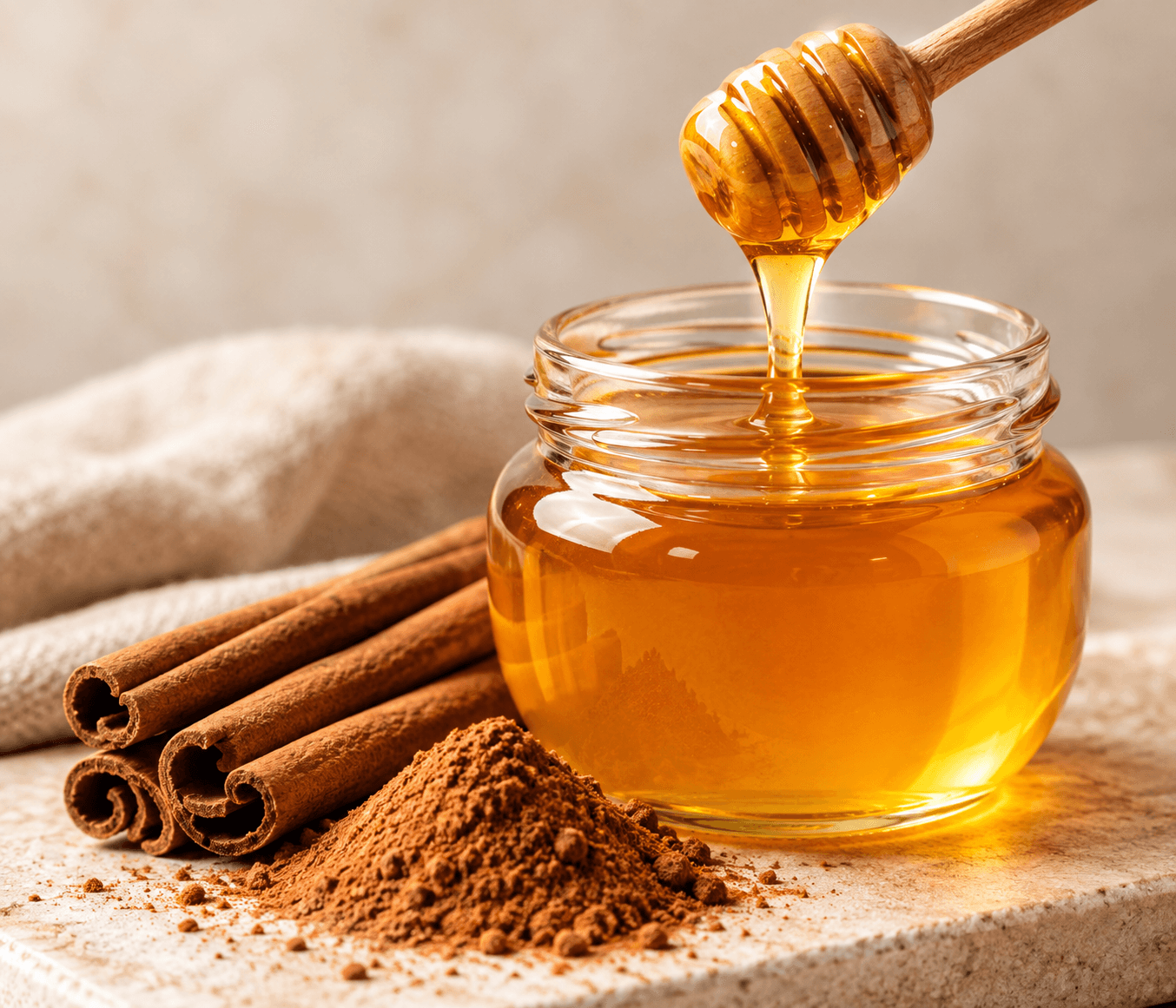 A jar of golden honey with cinnamon sticks and ground cinnamon